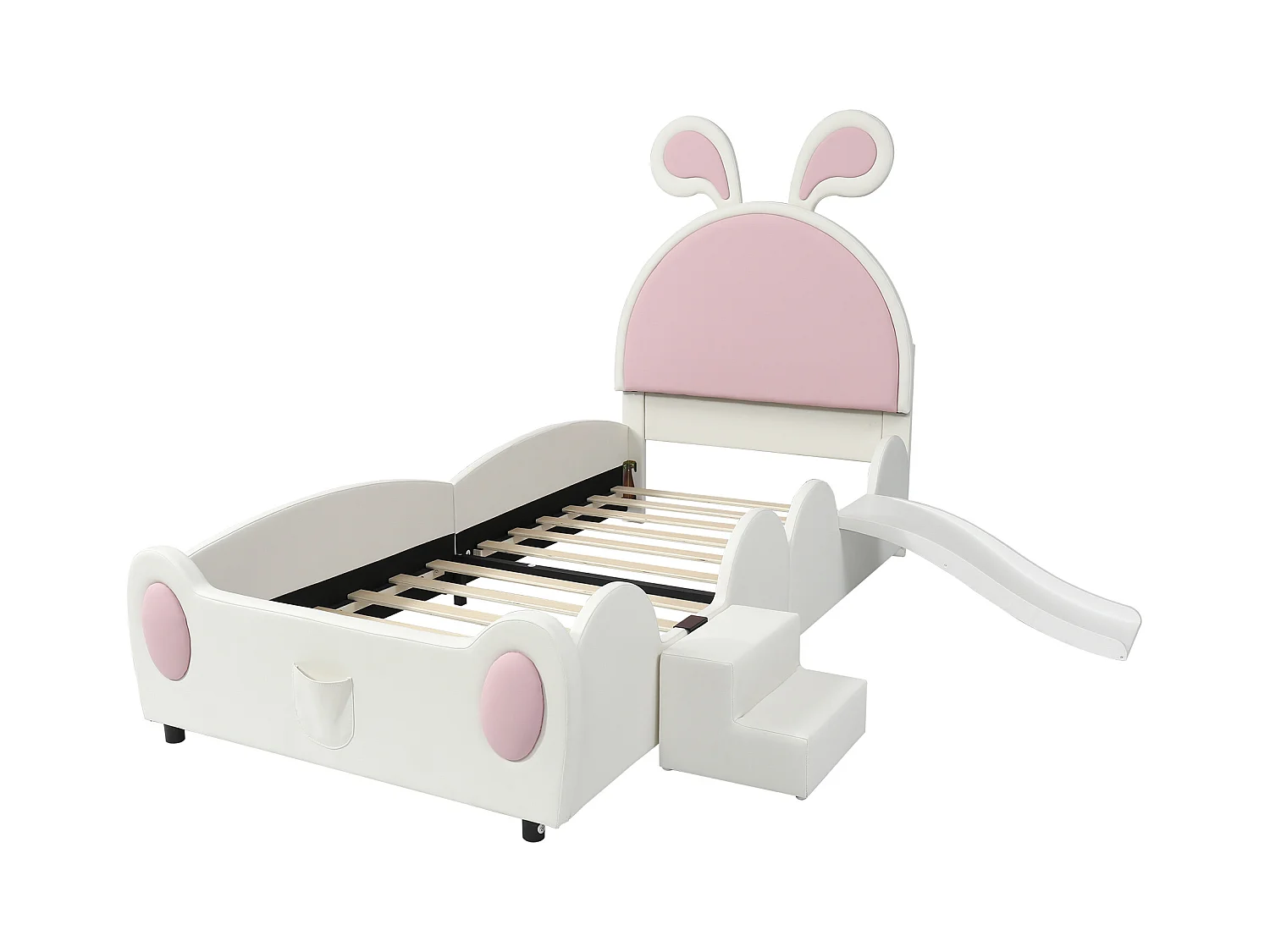 Cama infantil acolchada 90x200 cm - con orejas de conejo - incluye escalera pequeña y tobogán - Rosa+Blanco (sin colchón)