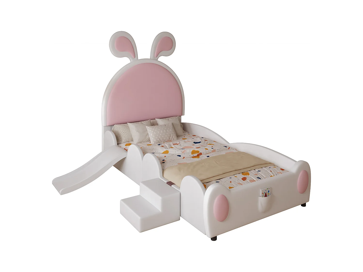 Cama infantil acolchada 90x200 cm - con orejas de conejo - incluye escalera pequeña y tobogán - Rosa+Blanco (sin colchón)
