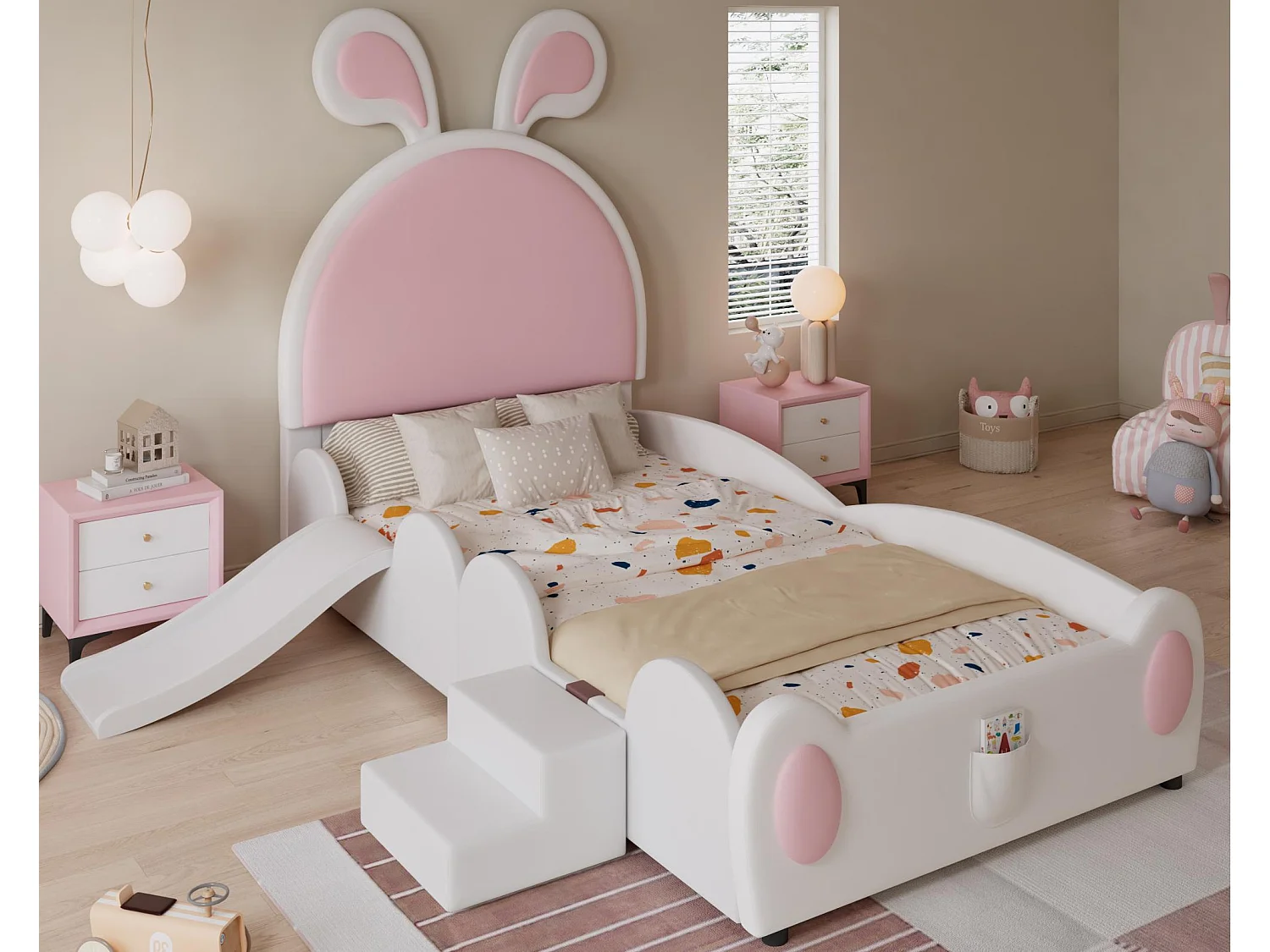 Gepolstertes Kinderbett 90x200 cm - mit Hasenohren - inkl. kleine Leiter und Rutsche - Rosa+Weiß (ohne Matratze)