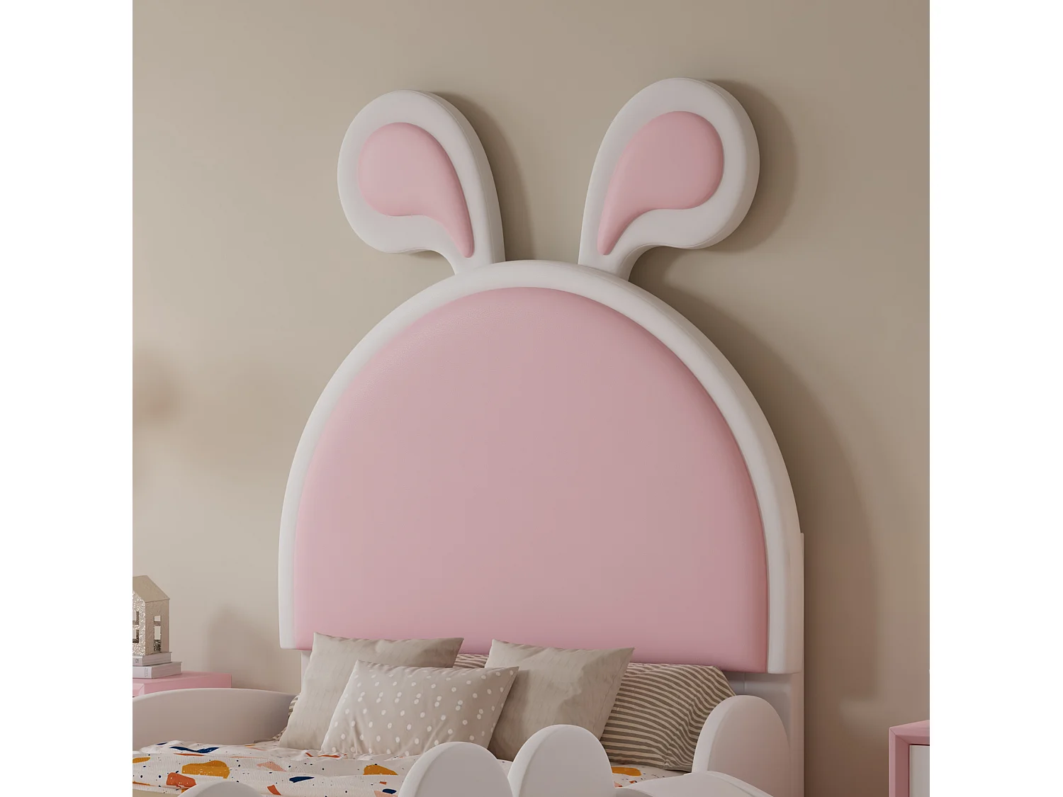 Gepolstertes Kinderbett 90x200 cm - mit Hasenohren - inkl. kleine Leiter und Rutsche - Rosa+Weiß (ohne Matratze)