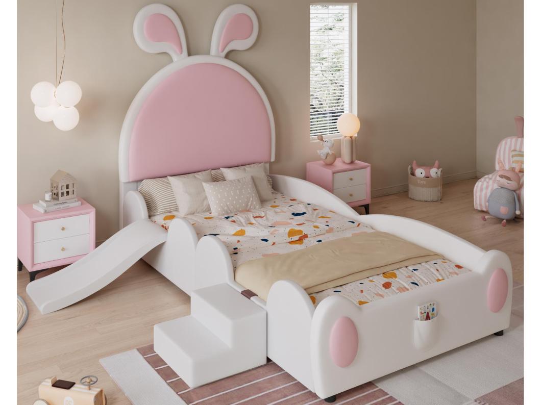 Cama infantil estofada 90x200 cm - com orelhas de coelho - inclui escadinha e escorregador - Rosa+Branco (sem colchão)