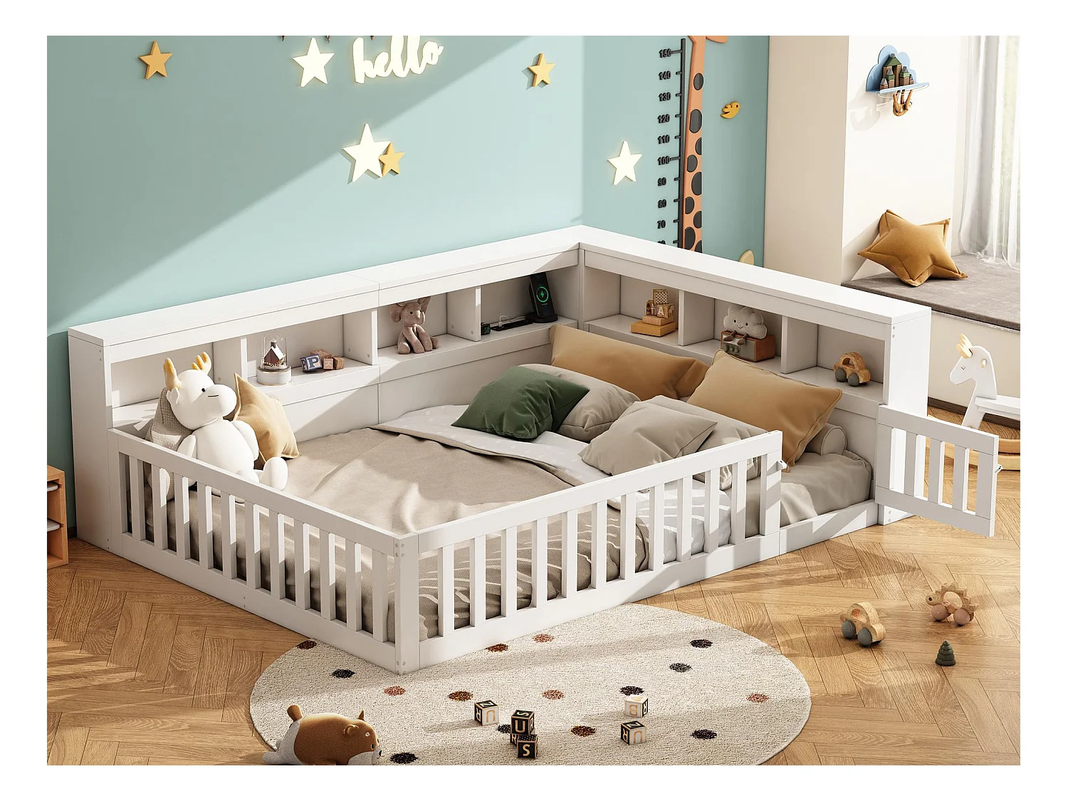 Kinderbett 140x200 cm - Kopfteil mit Staufach - Lattenrost - mit Steckdose und USB-Anschluss - weiß
