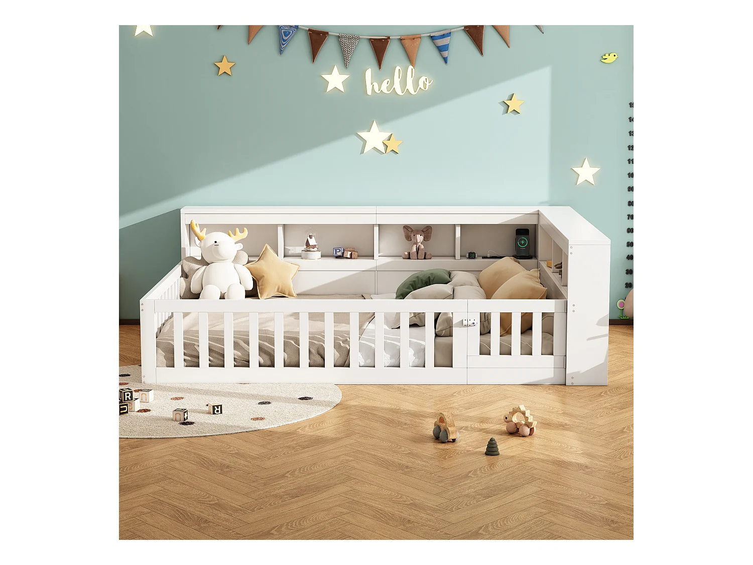 Kinderbett 140x200 cm - Kopfteil mit Staufach - Lattenrost - mit Steckdose und USB-Anschluss - weiß