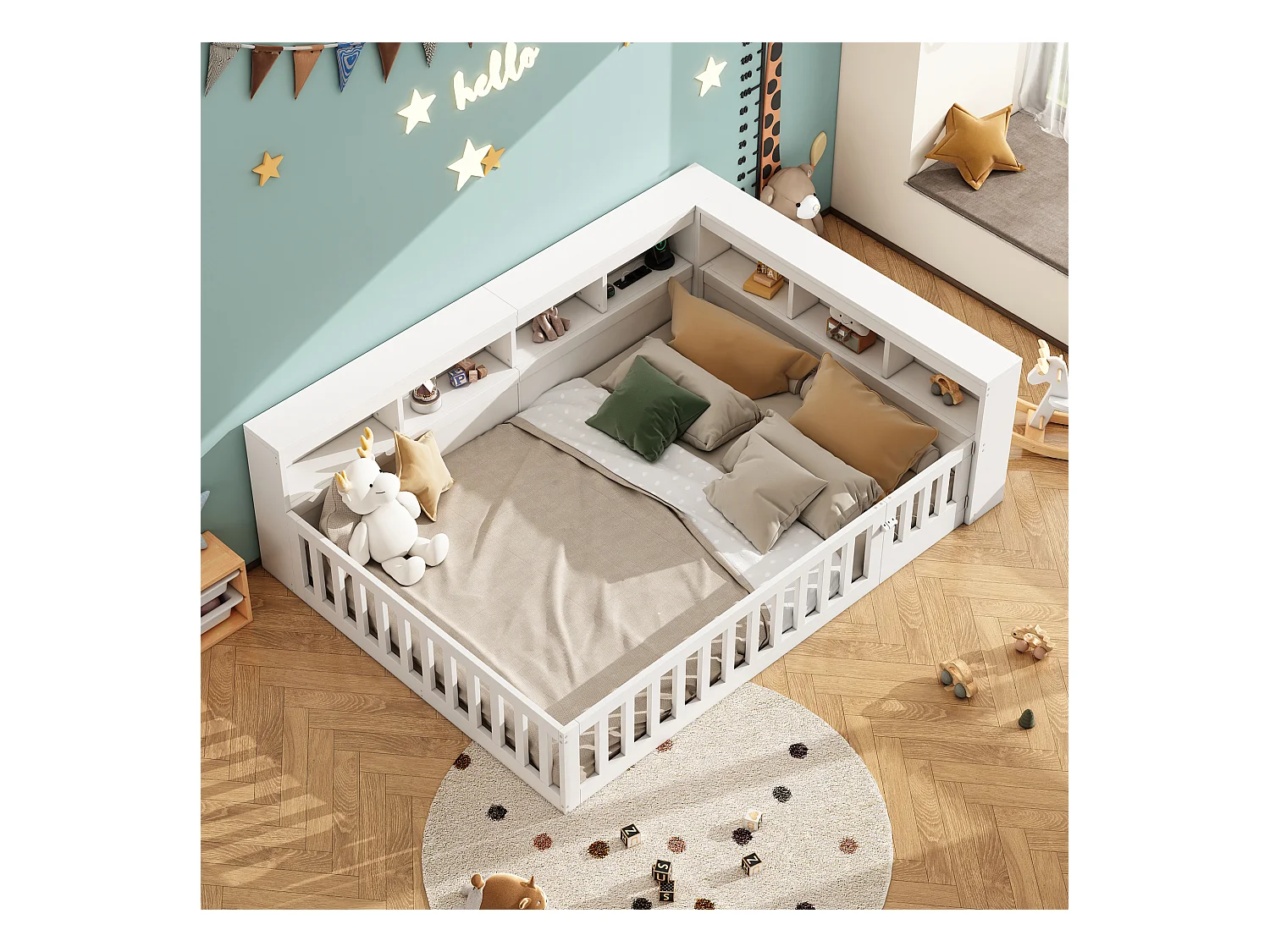 Kinderbett 140x200 cm - Kopfteil mit Staufach - Lattenrost - mit Steckdose und USB-Anschluss - weiß