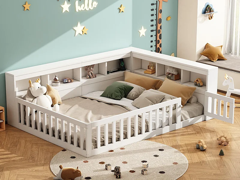 Lit enfant 140x200cm - chevet avec rangements - sommier à lattes - avec prise et port USB - blanc