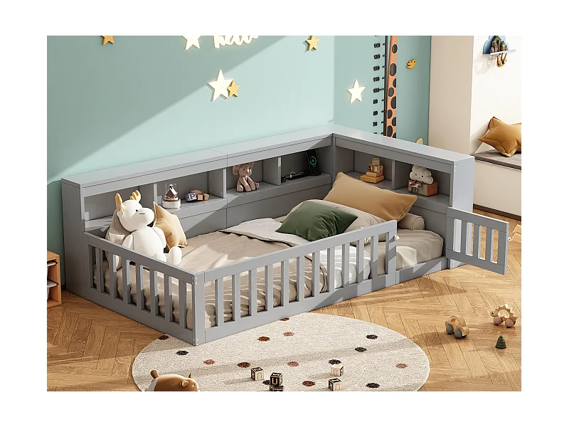 Lit enfant 90x200cm - chevet avec rangements - sommier à lattes - avec prise et port USB - gris