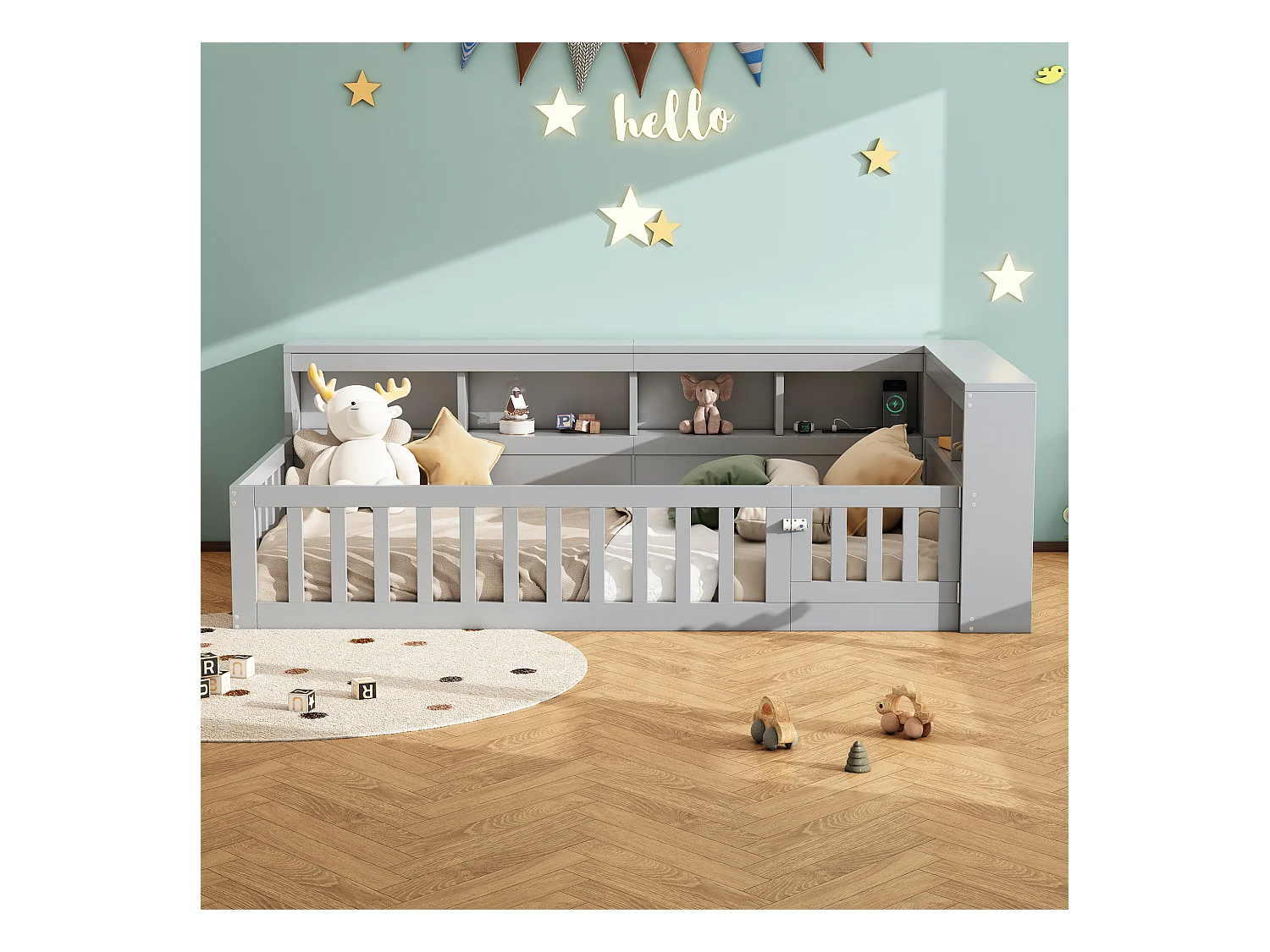 Kinderbett 90x200 cm - Kopfteil con Staufach - Lattenrost - mit Steckdose und USB-Anschluss - grau