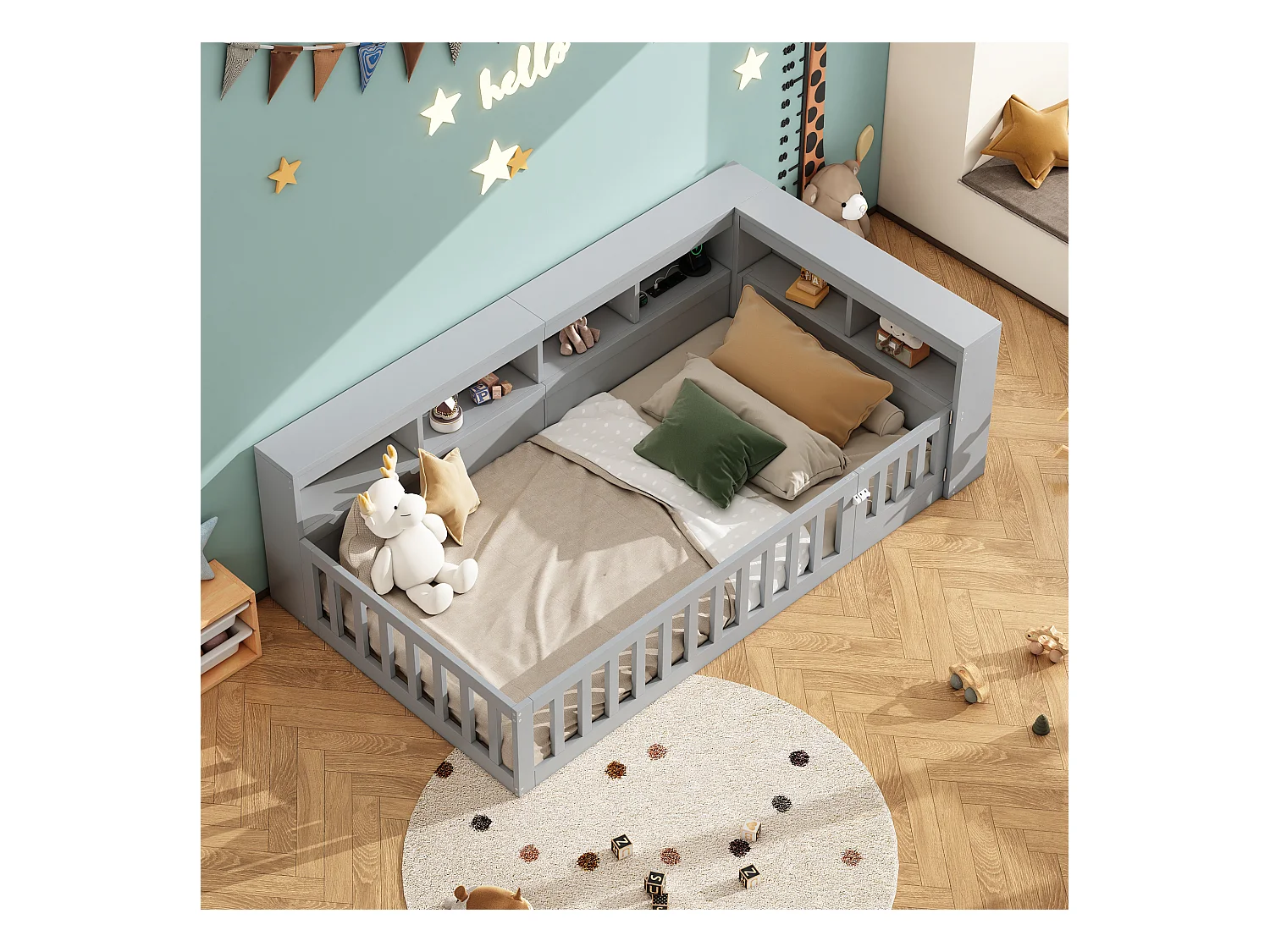 Kinderbett 90x200 cm - Kopfteil con Staufach - Lattenrost - mit Steckdose und USB-Anschluss - grau