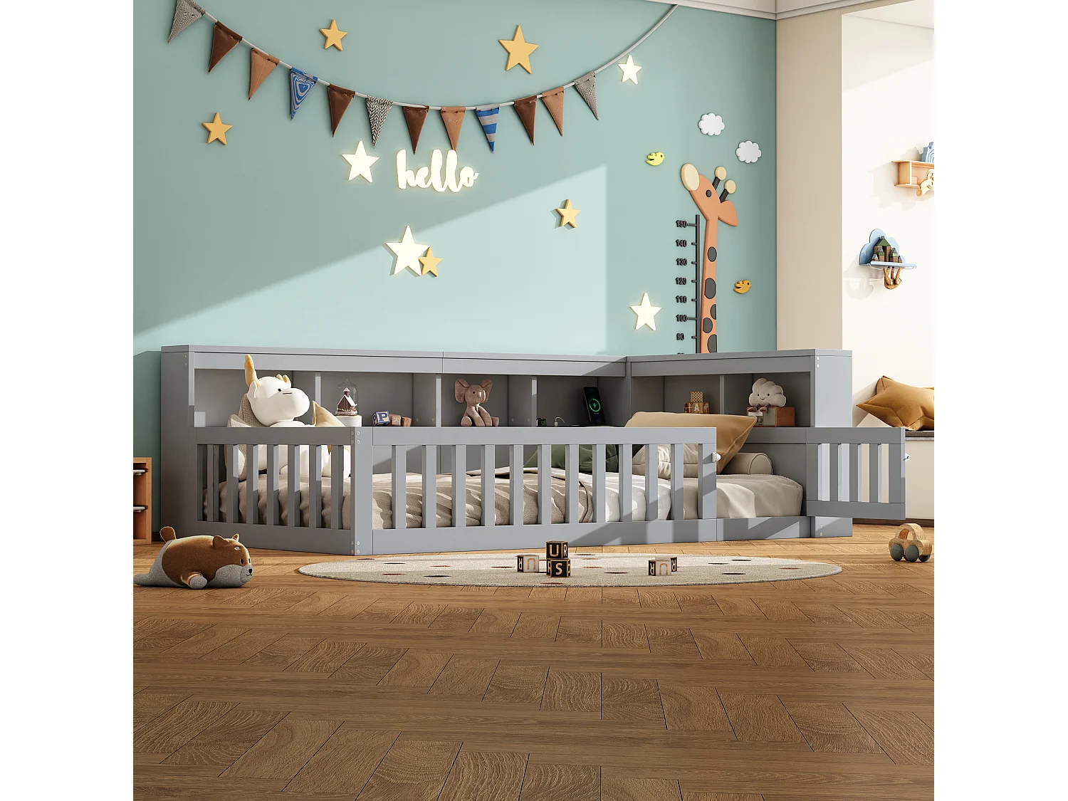 Kinderbett 90x200 cm - Kopfteil con Staufach - Lattenrost - mit Steckdose und USB-Anschluss - grau