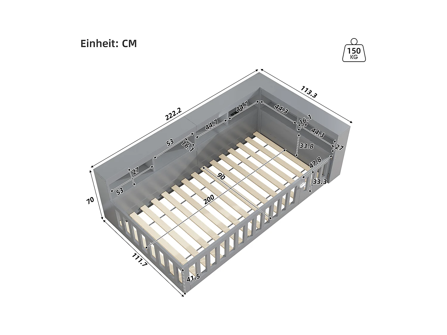 Kinderbett 90x200 cm - Kopfteil con Staufach - Lattenrost - mit Steckdose und USB-Anschluss - grau