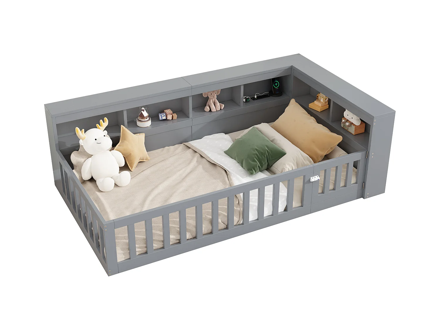 Kinderbett 90x200 cm - Kopfteil con Staufach - Lattenrost - mit Steckdose und USB-Anschluss - grau