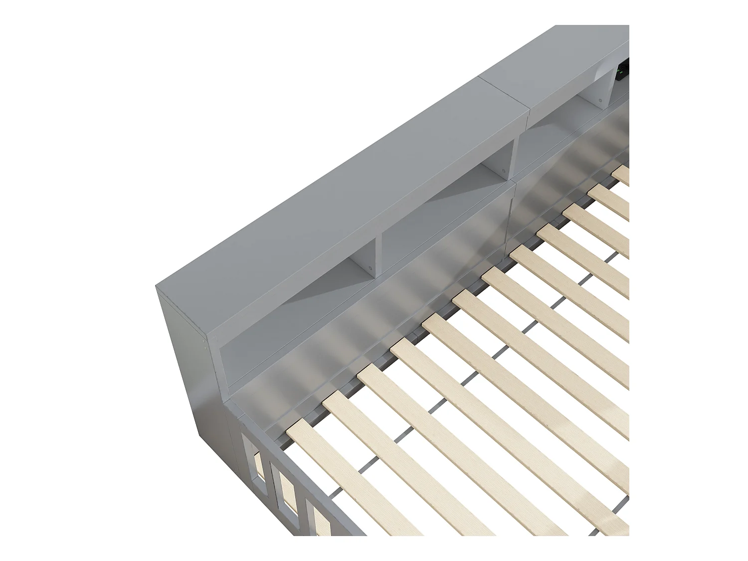 Kinderbett 90x200 cm - Kopfteil con Staufach - Lattenrost - mit Steckdose und USB-Anschluss - grau