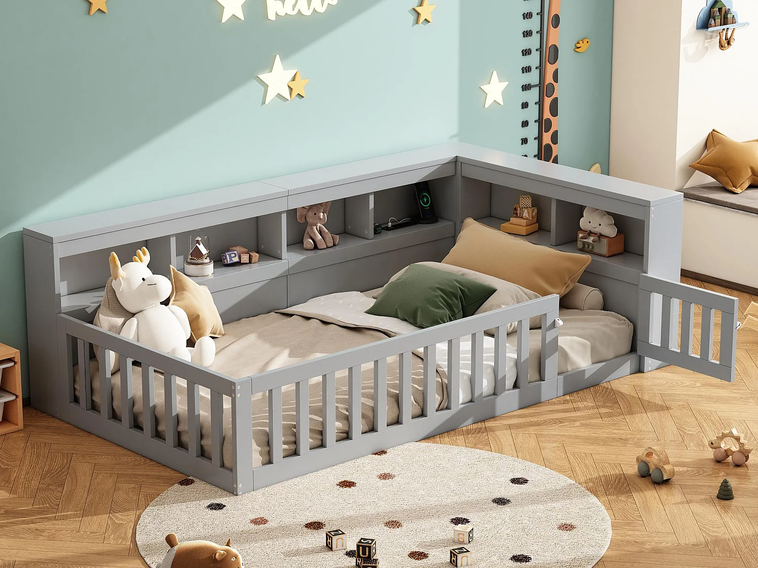 Lit enfant 90x200cm - chevet avec rangements - sommier à lattes - avec prise et port USB - gris