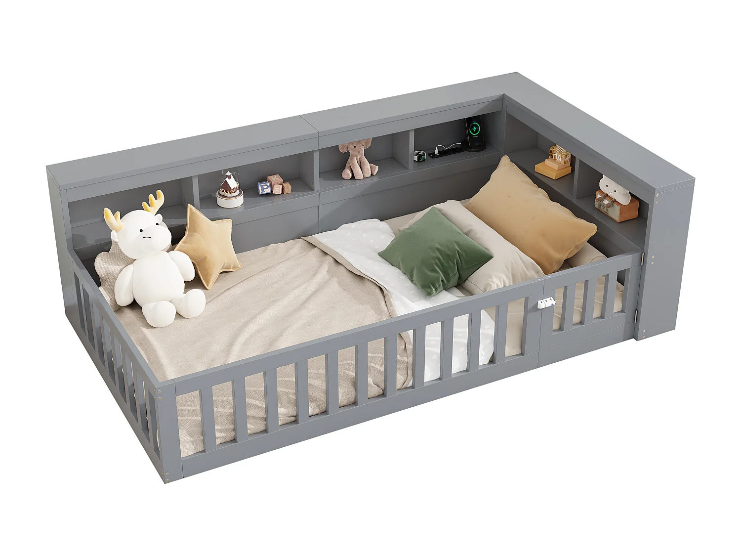 Lit enfant 90x200cm - chevet avec rangements - sommier à lattes - avec prise et port USB - gris