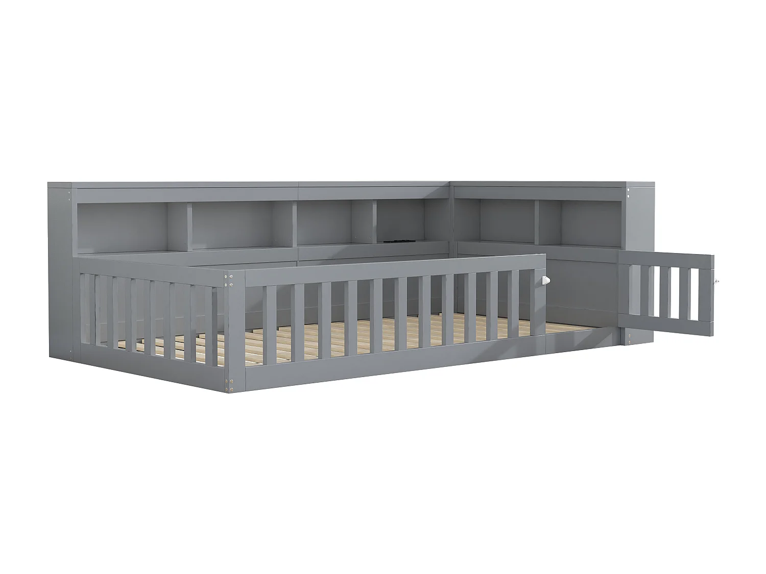 Lit enfant 90x200cm - chevet avec rangements - sommier à lattes - avec prise et port USB - gris