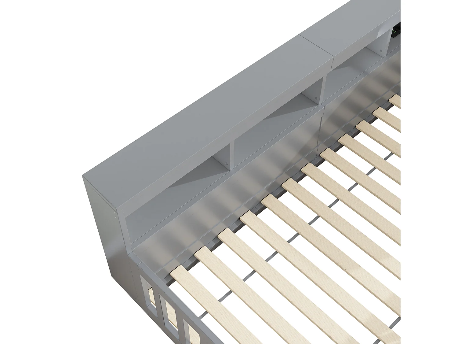 Lit enfant 90x200cm - chevet avec rangements - sommier à lattes - avec prise et port USB - gris