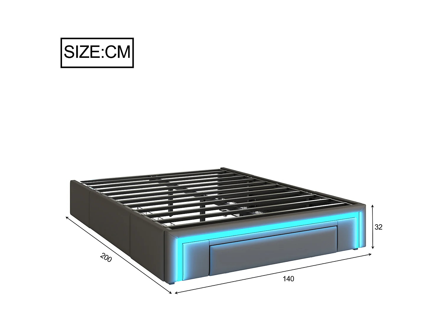 Gekapotteerd bed 140x200 cm - met 3 lades - van PU-leer - zonder hoofdeinde - met LED-verlichting - grijs