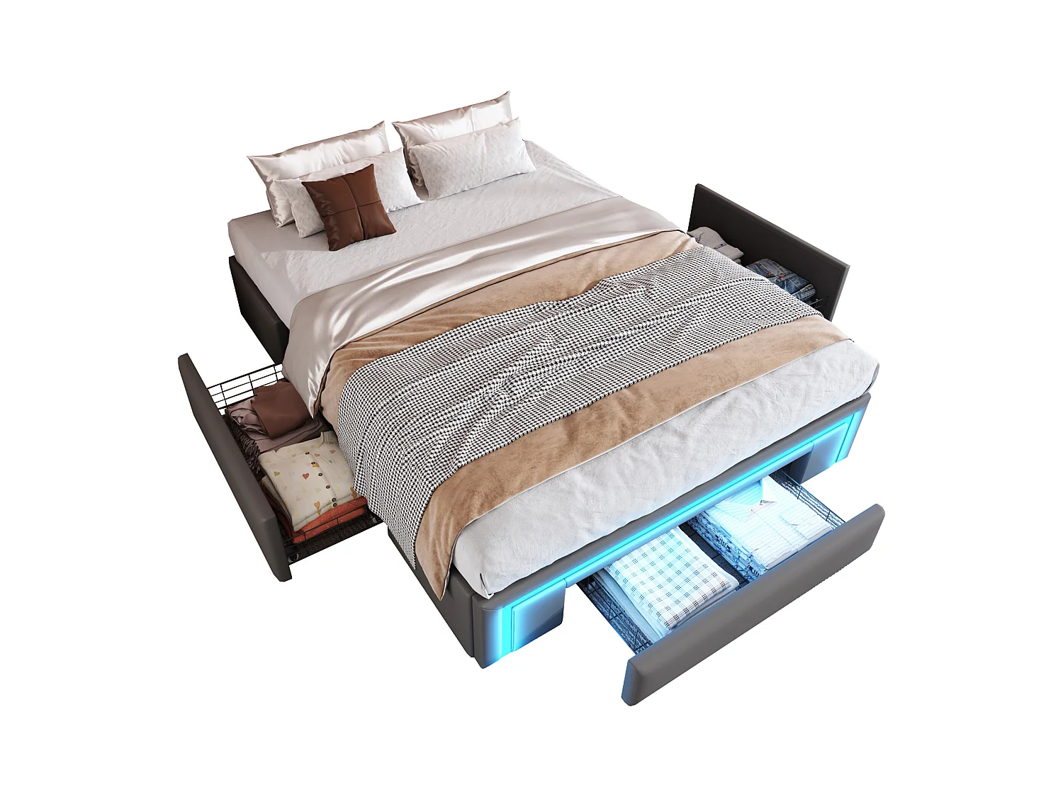 Gekapotteerd bed 140x200 cm - met 3 lades - van PU-leer - zonder hoofdeinde - met LED-verlichting - grijs