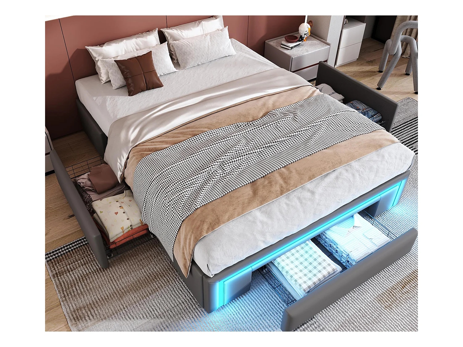 Lit rembourré 140x200cm - avec 3 tiroirs - lit en cuir PU - sans tête de lit - avec lumière LED - gris