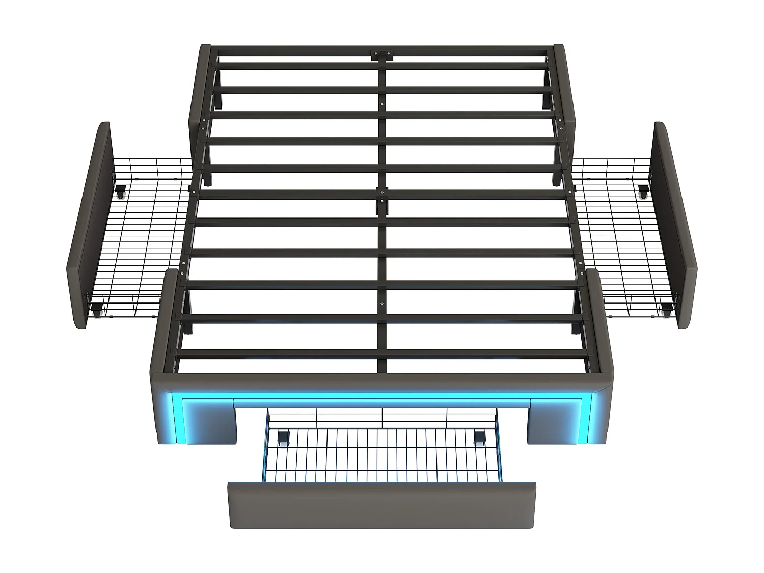 Gepolstertes Bett 140x200 cm - mit 3 Schubladen - aus PU-Leder - ohne Kopfteil - mit LED-Beleuchtung - grau