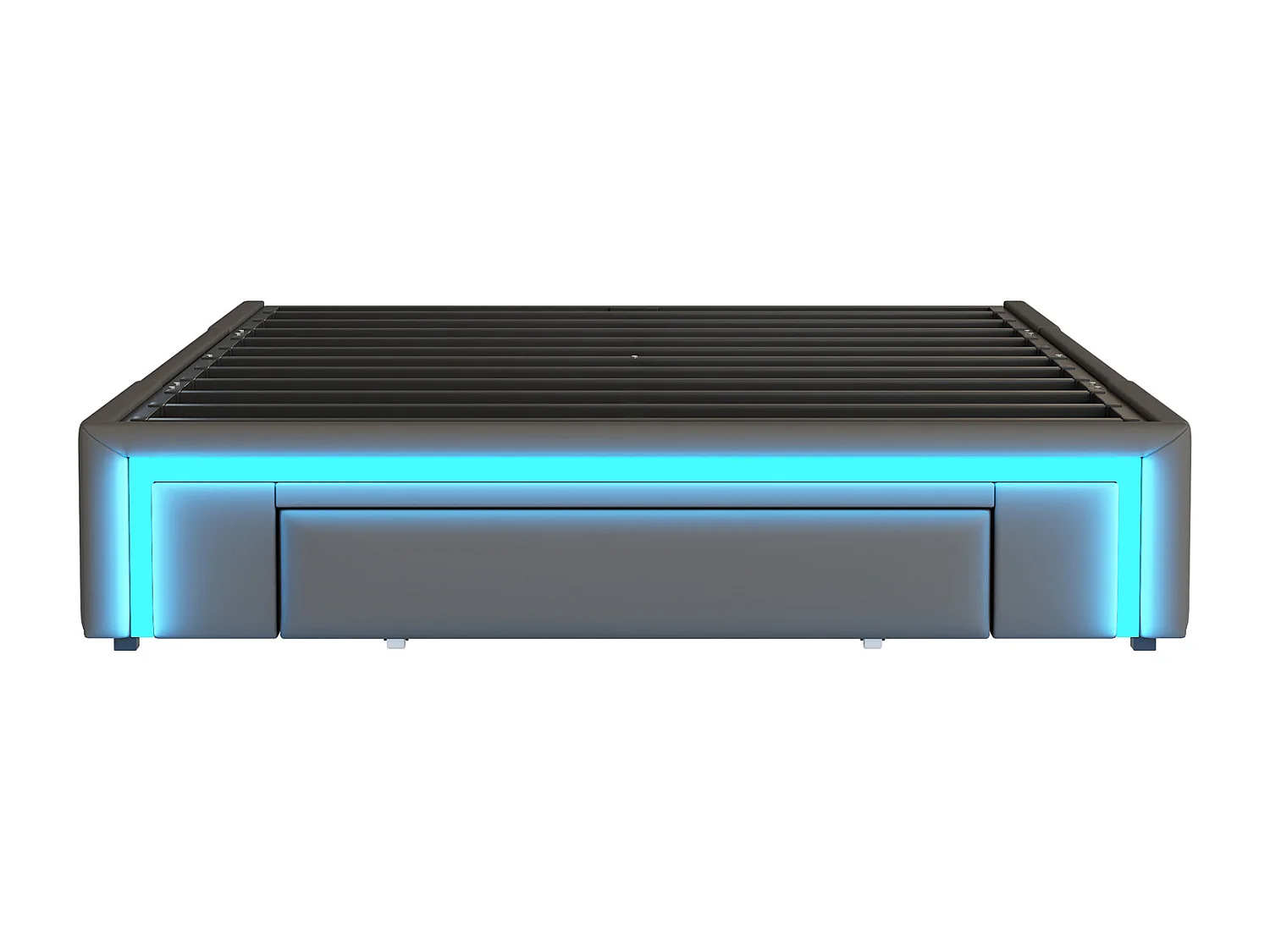 Gepolstertes Bett 140x200 cm - mit 3 Schubladen - aus PU-Leder - ohne Kopfteil - mit LED-Beleuchtung - grau