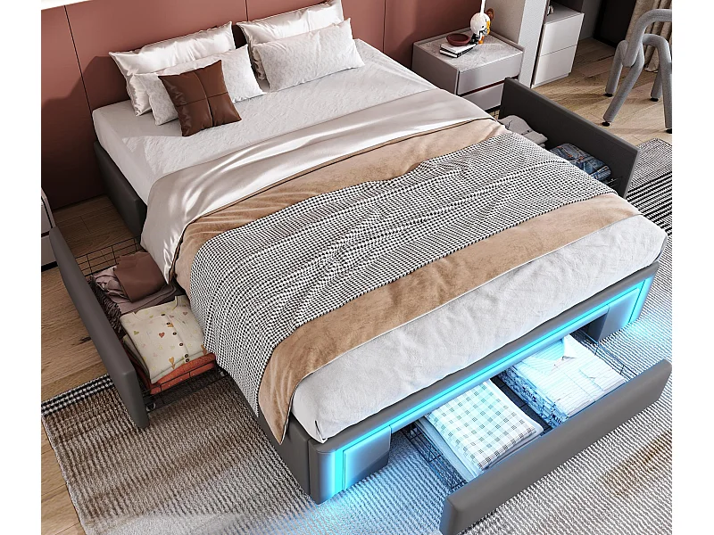 Gepolstertes Bett 140x200 cm - mit 3 Schubladen - aus PU-Leder - ohne Kopfteil - mit LED-Beleuchtung - grau