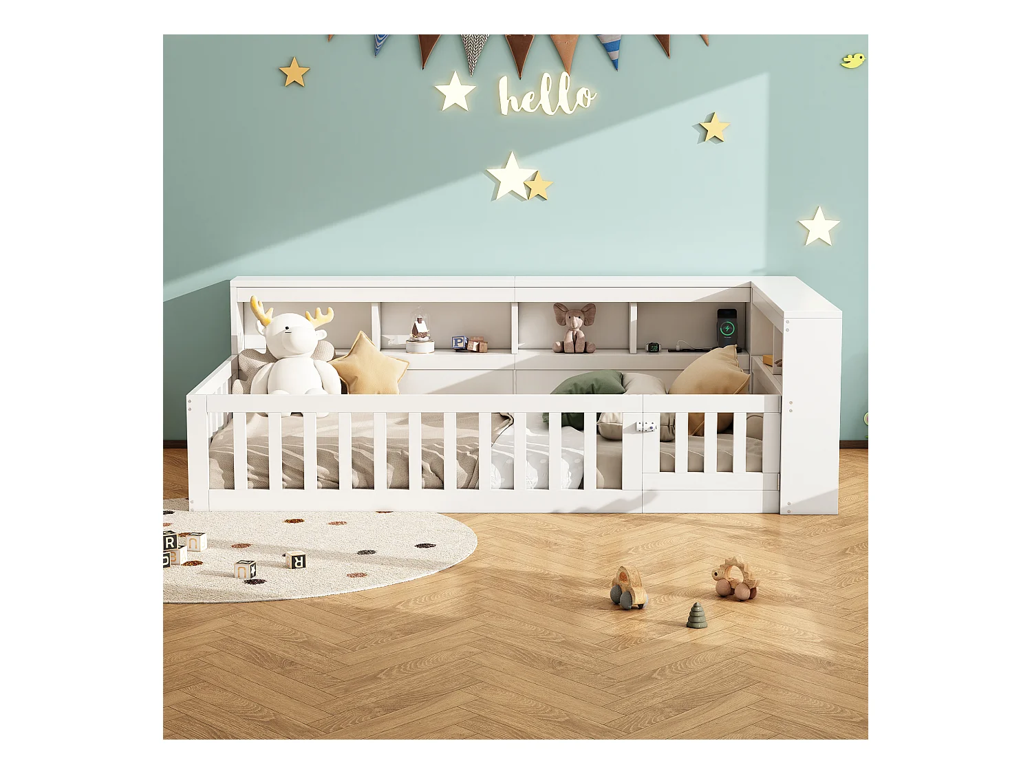 Kinderbett 90x200 cm - Kopfteil mit Staufach - Lattenrost - mit Steckdose und USB-Anschluss - weiß