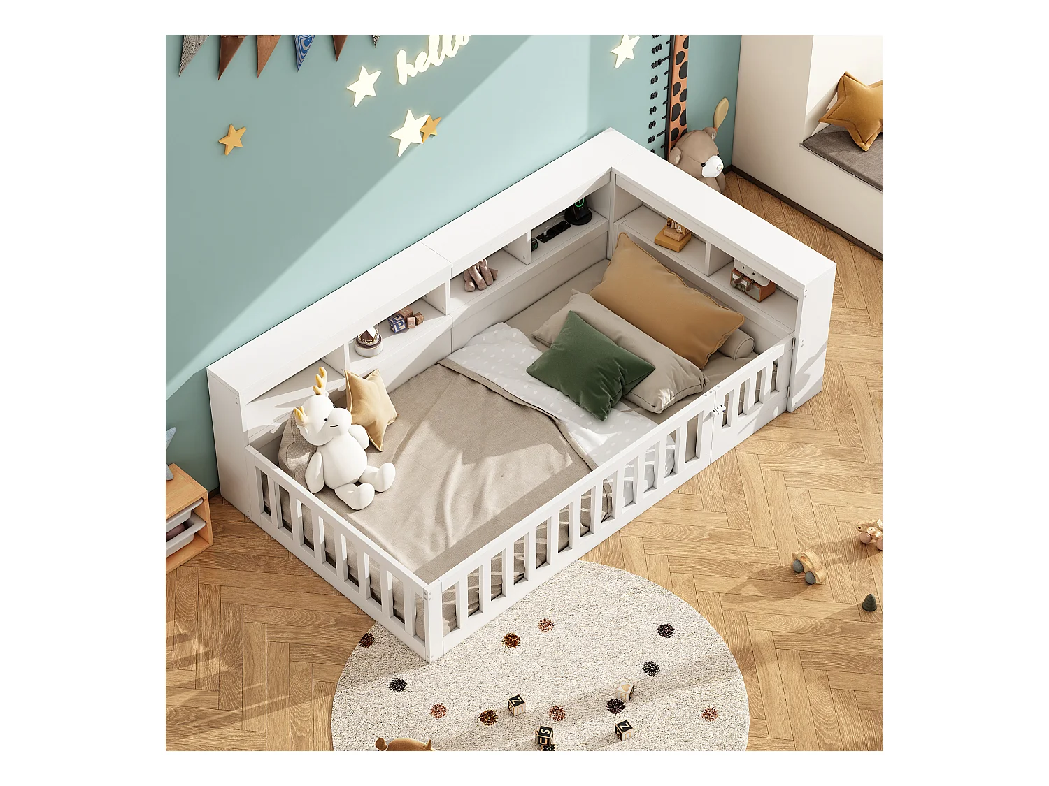 Kinderbett 90x200 cm - Kopfteil mit Staufach - Lattenrost - mit Steckdose und USB-Anschluss - weiß