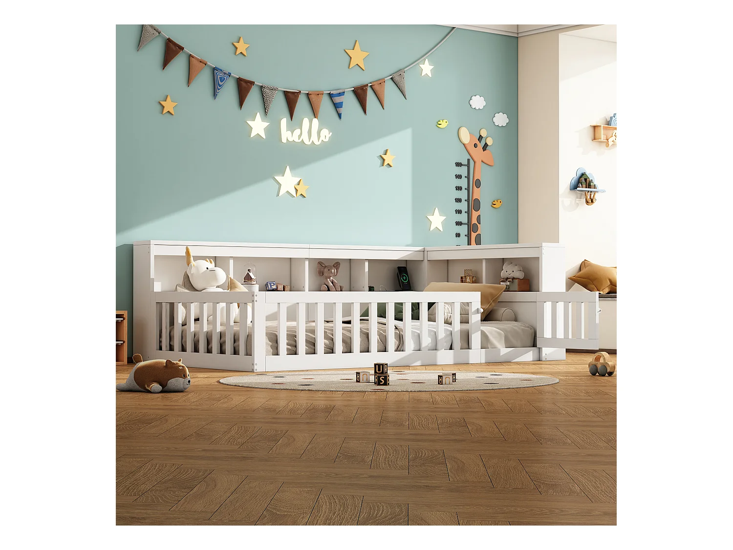 Kinderbett 90x200 cm - Kopfteil mit Staufach - Lattenrost - mit Steckdose und USB-Anschluss - weiß