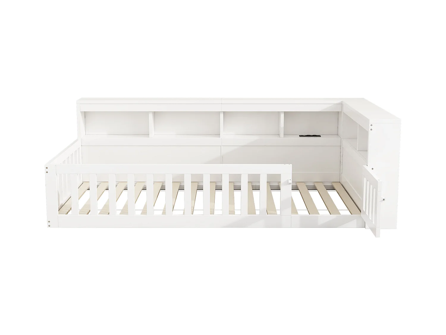 Kinderbett 90x200 cm - Kopfteil mit Staufach - Lattenrost - mit Steckdose und USB-Anschluss - weiß