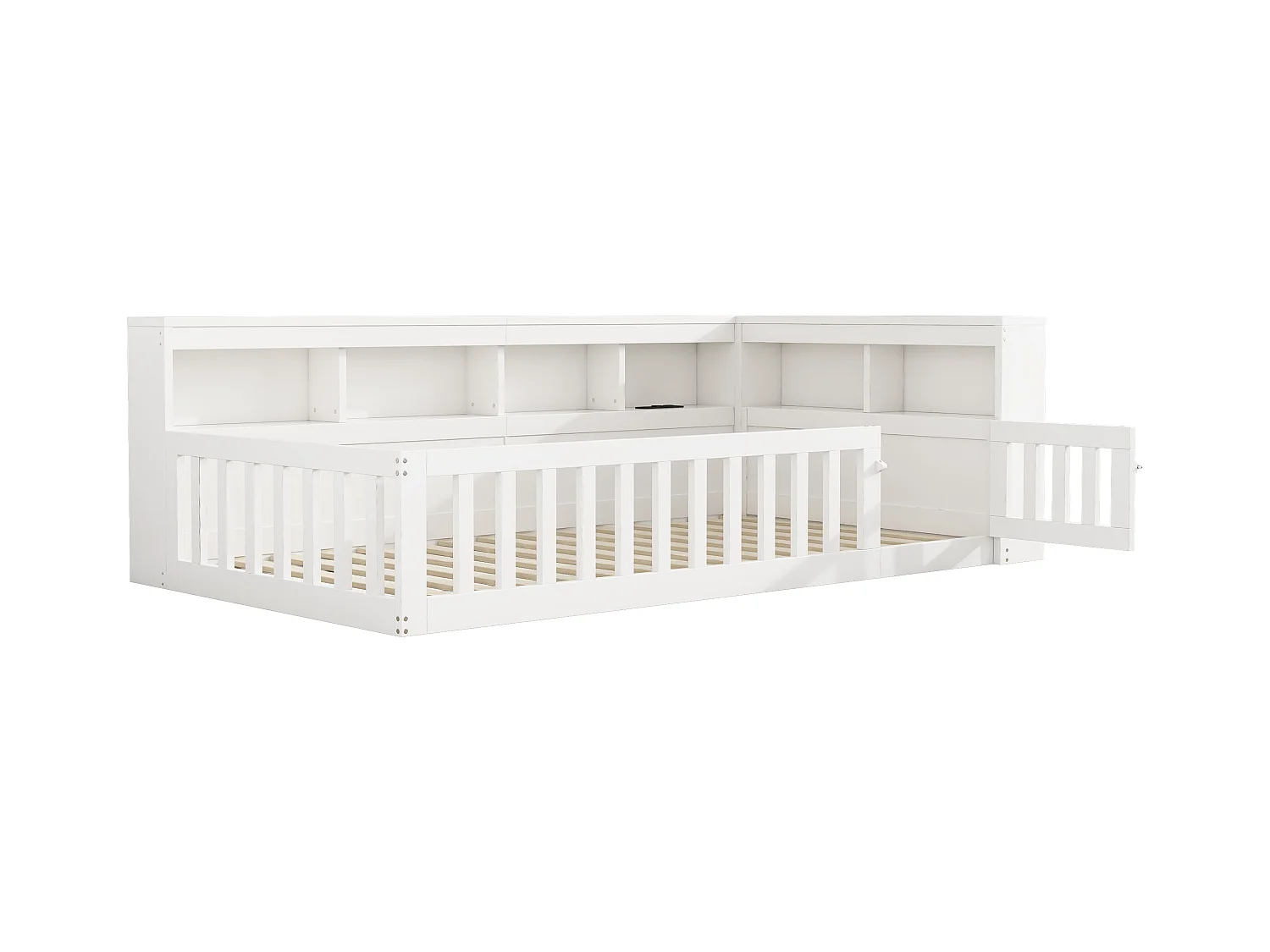 Kinderbett 90x200 cm - Kopfteil mit Staufach - Lattenrost - mit Steckdose und USB-Anschluss - weiß