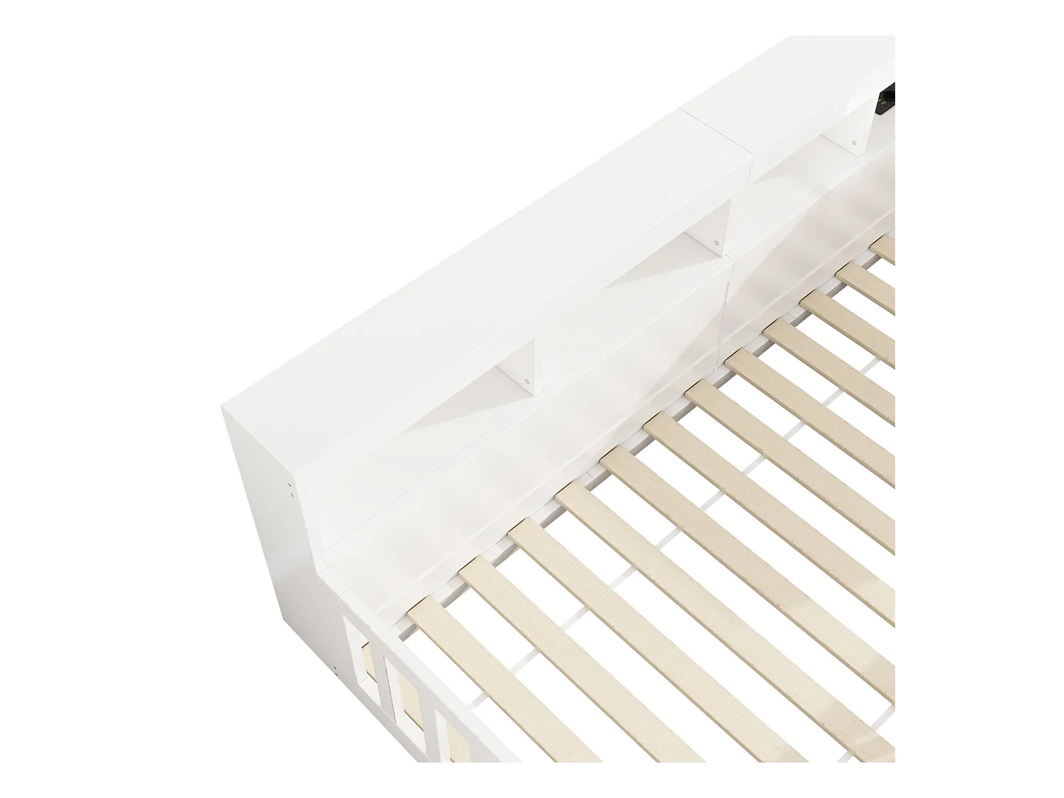 Kinderbett 90x200 cm - Kopfteil mit Staufach - Lattenrost - mit Steckdose und USB-Anschluss - weiß