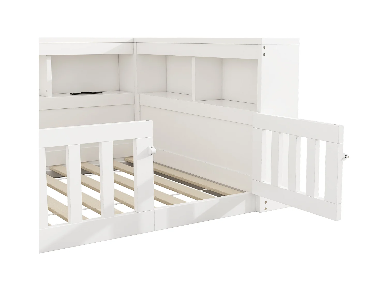 Kinderbett 90x200 cm - Kopfteil mit Staufach - Lattenrost - mit Steckdose und USB-Anschluss - weiß