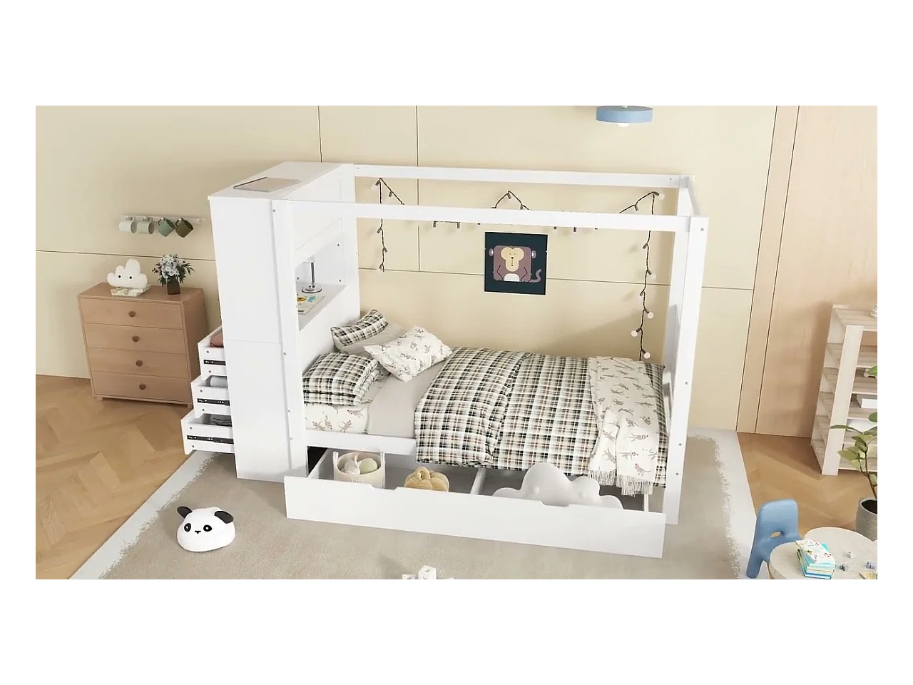 Lit enfant 90x200 cm - avec 5 tiroirs - avec garde-corps de sécurité - avec support de rangement - Blanc (sans matelas)