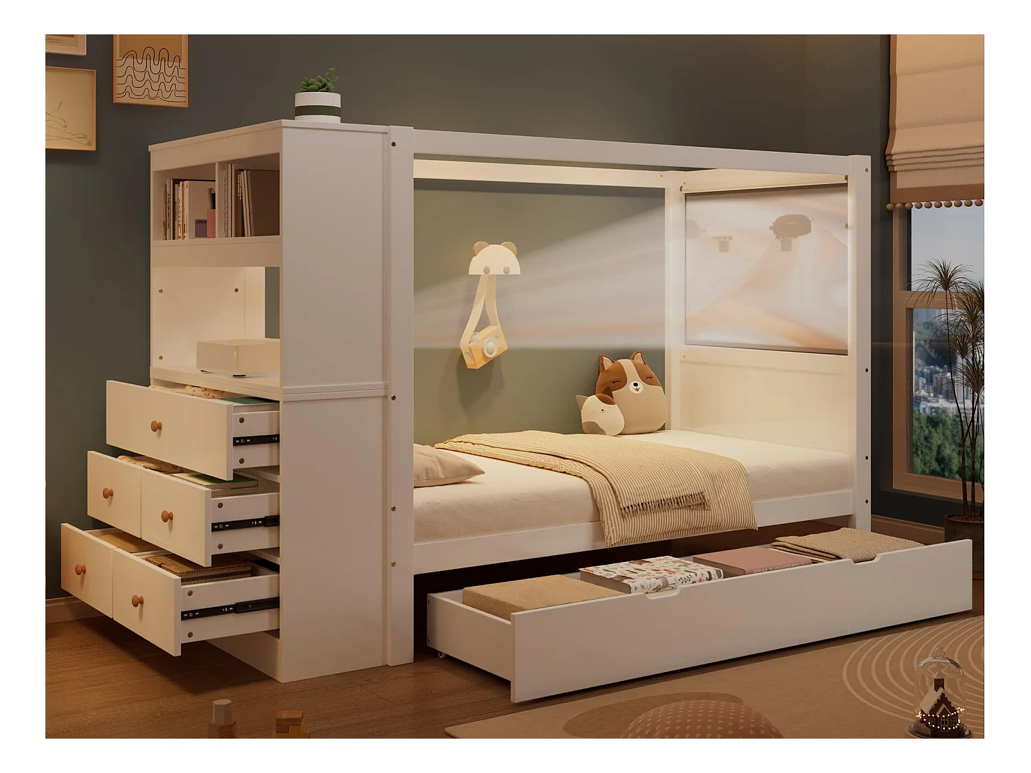 Łóżko dziecięce 90x200 cm - z 5 szufladami - z barierką ochronną - z uchwytem do przechowywania - Biały (bez materaca)