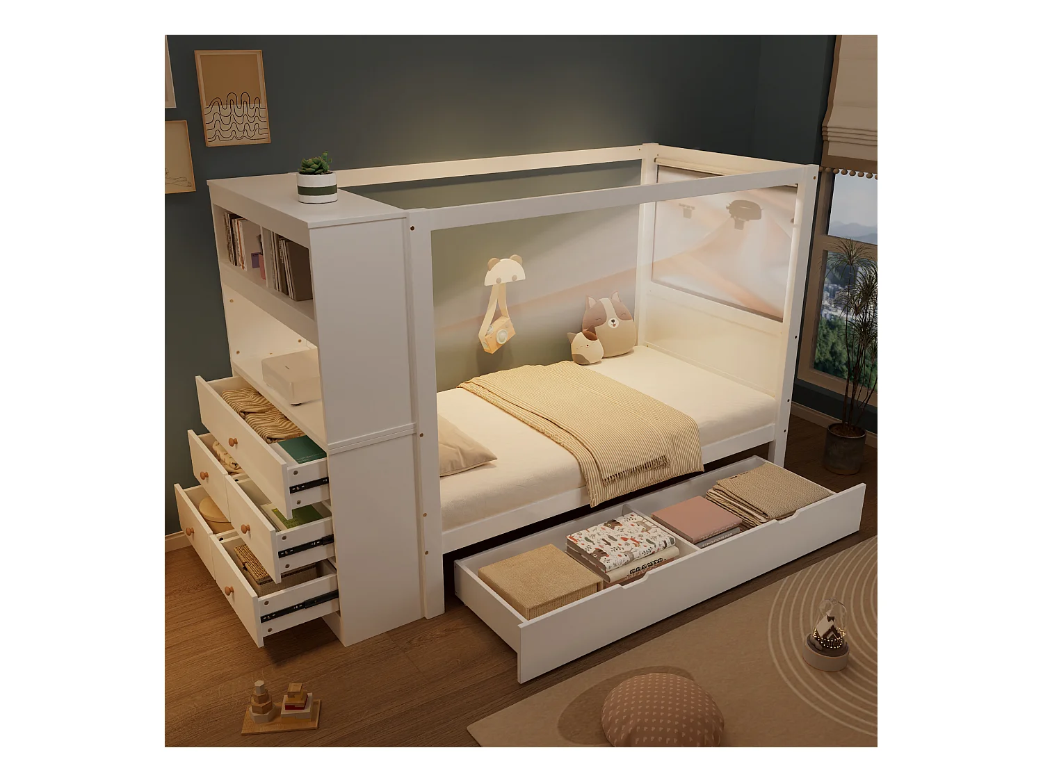 Łóżko dziecięce 90x200 cm - z 5 szufladami - z barierką ochronną - z uchwytem do przechowywania - Biały (bez materaca)