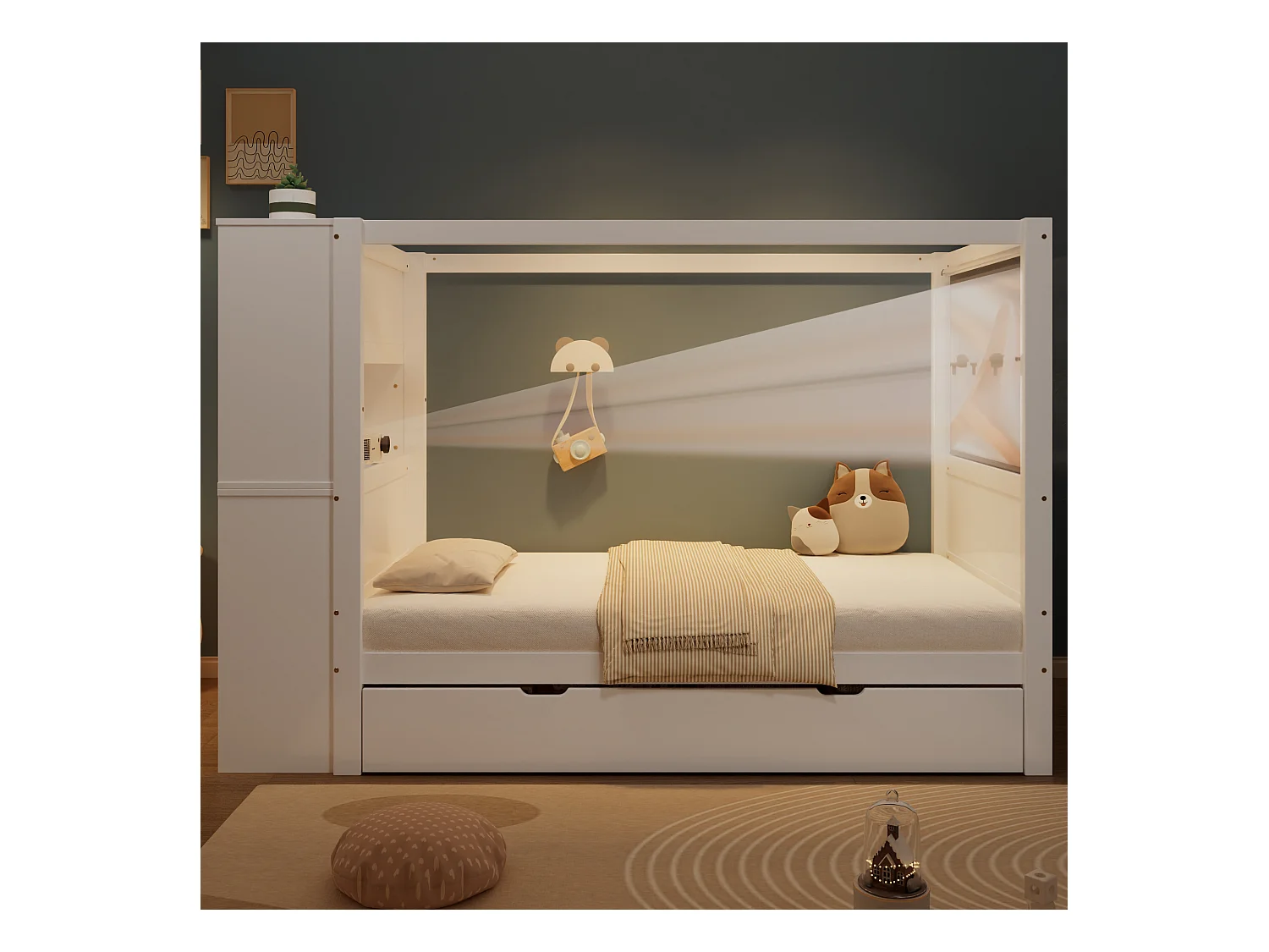 Łóżko dziecięce 90x200 cm - z 5 szufladami - z barierką ochronną - z uchwytem do przechowywania - Biały (bez materaca)