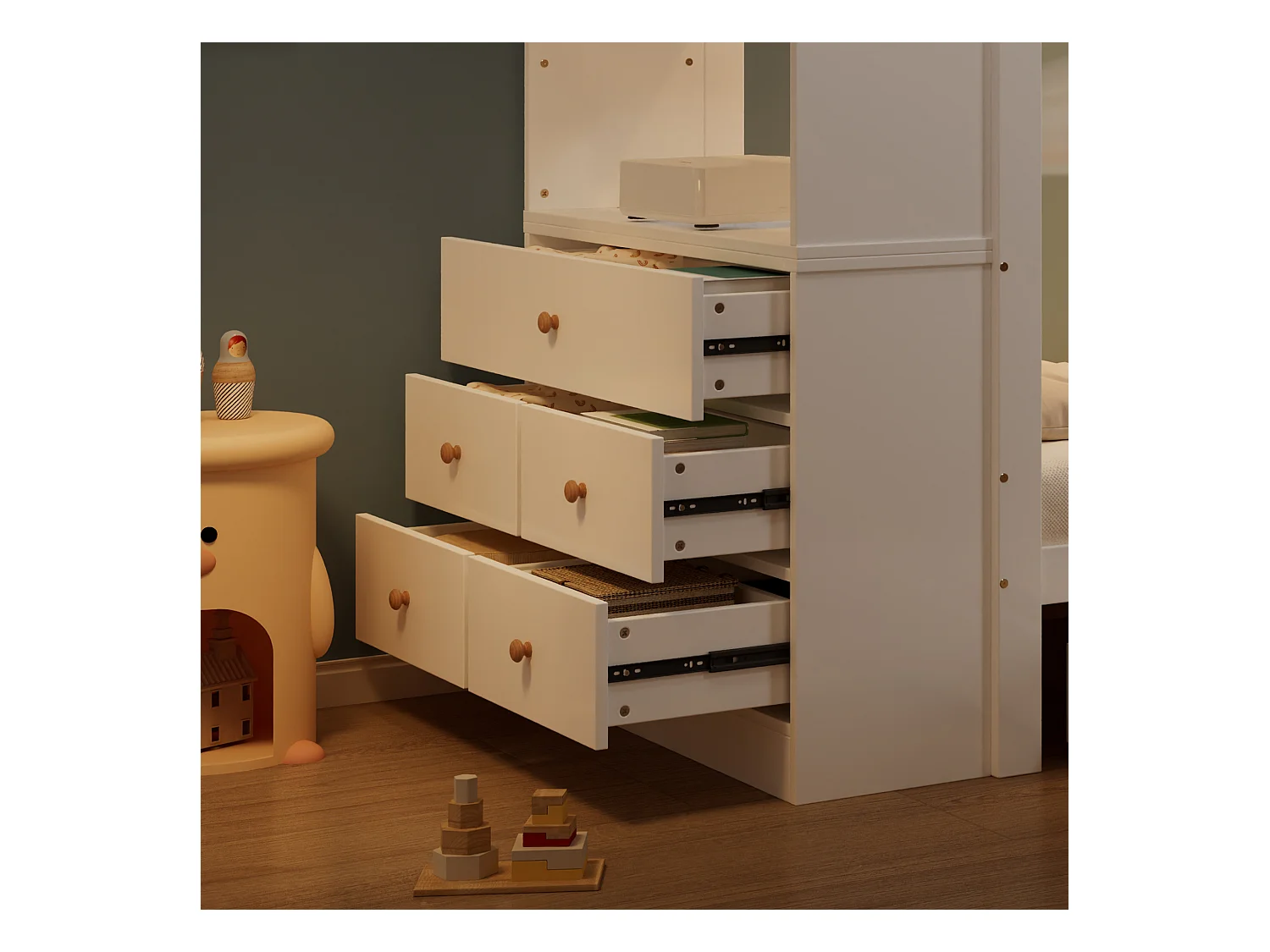 Łóżko dziecięce 90x200 cm - z 5 szufladami - z barierką ochronną - z uchwytem do przechowywania - Biały (bez materaca)