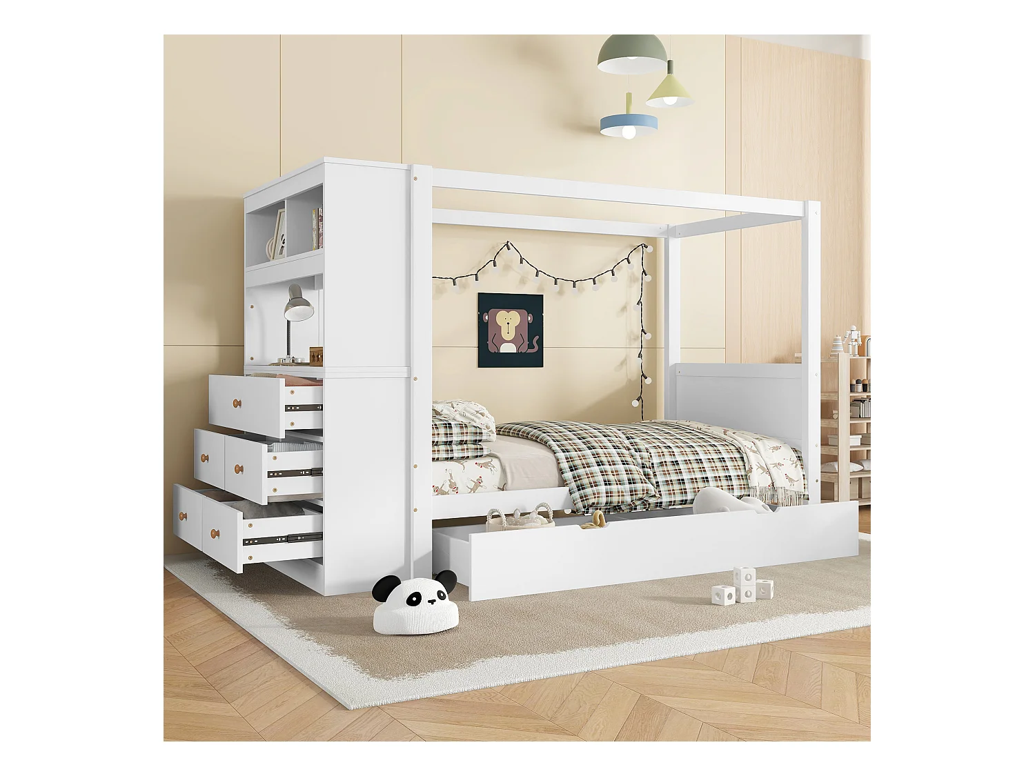 Łóżko dziecięce 90x200 cm - z 5 szufladami - z barierką ochronną - z uchwytem do przechowywania - Biały (bez materaca)