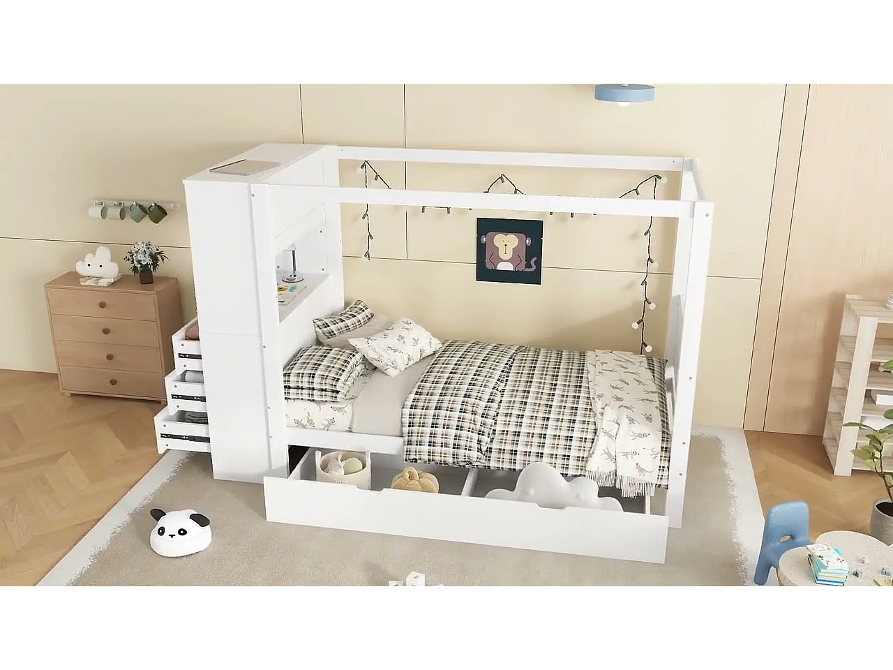 Lit enfant 90x200 cm - avec 5 tiroirs - avec garde-corps de sécurité - avec support de rangement - Blanc (sans matelas)