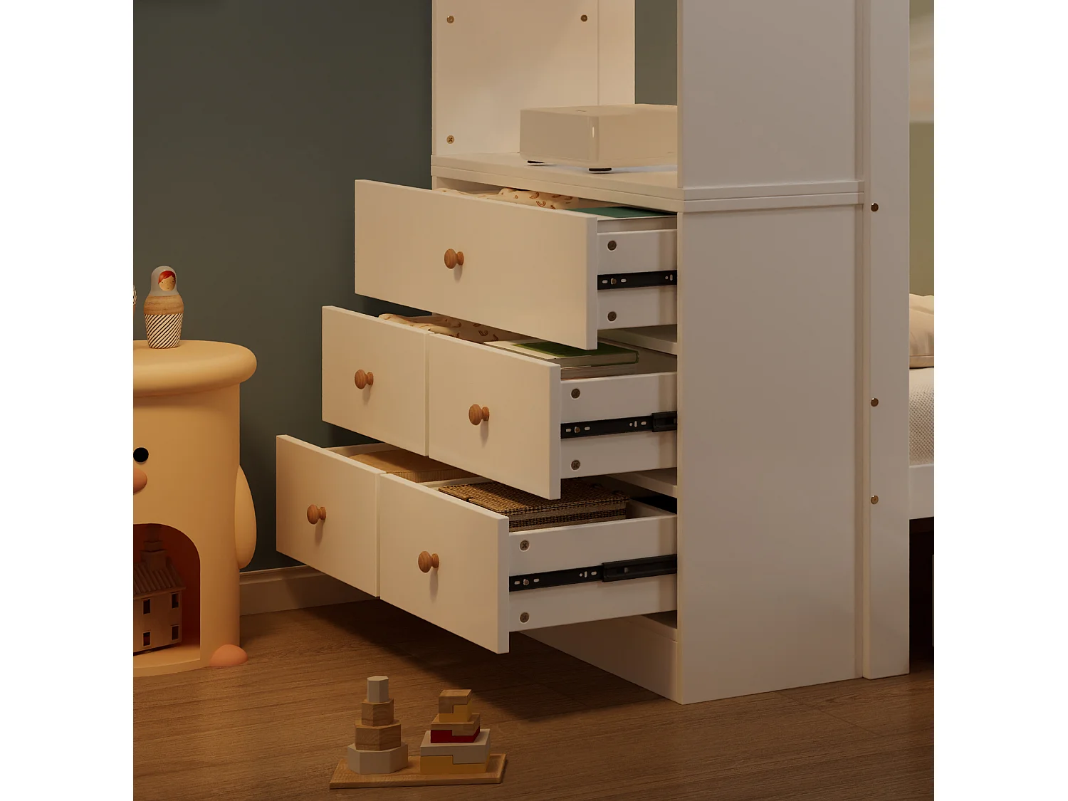 Lit enfant 90x200 cm - avec 5 tiroirs - avec garde-corps de sécurité - avec support de rangement - Blanc (sans matelas)