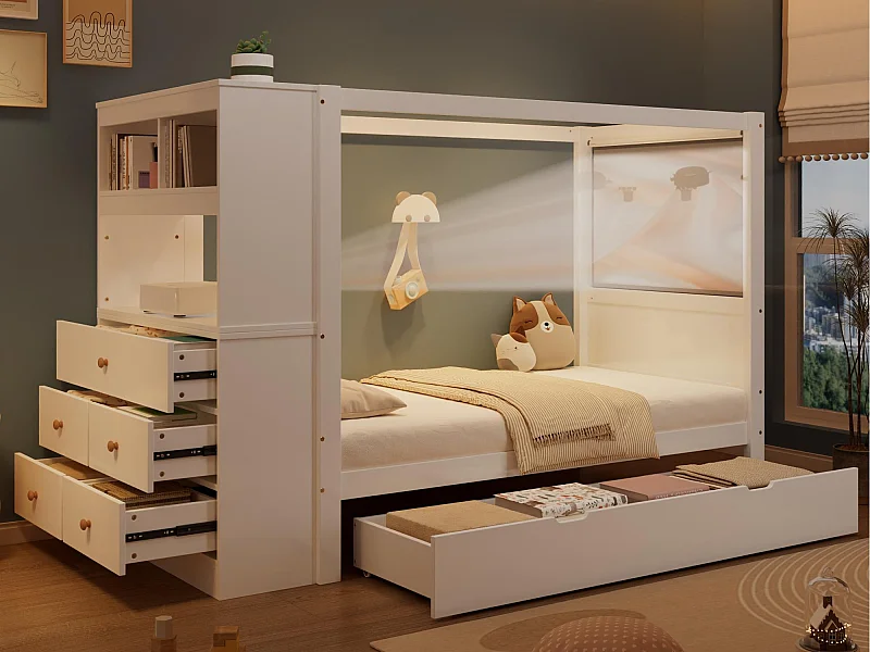 Lit enfant 90x200 cm - avec 5 tiroirs - avec garde-corps de sécurité - avec support de rangement - Blanc (sans matelas)