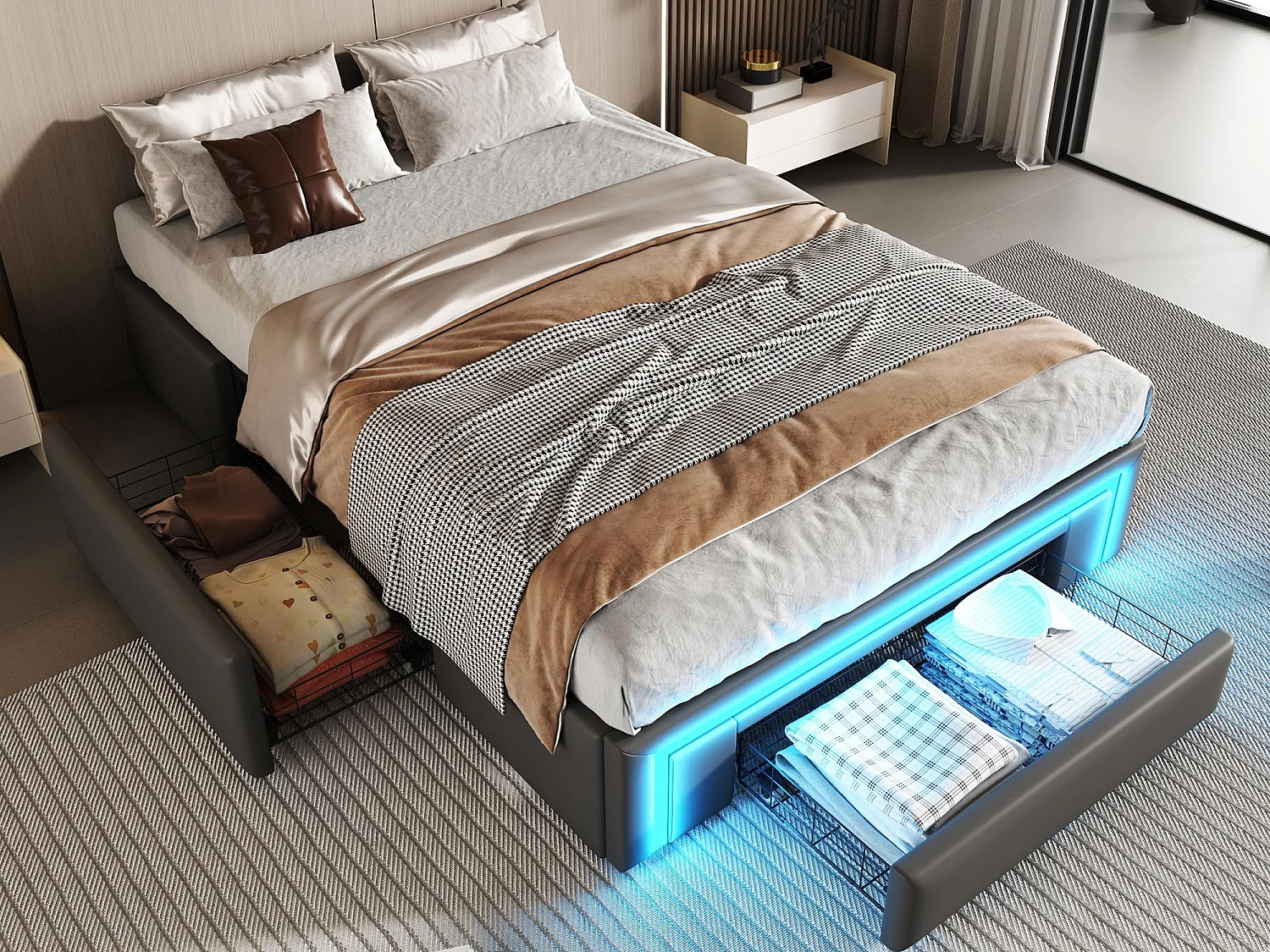 Cama estofada 90x200 cm - com 3 gavetas - em couro PU - sem cabeceira - com luz LED - cinza