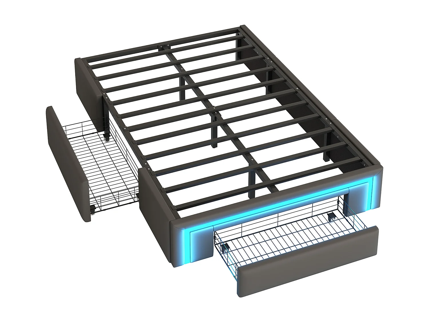 Cama estofada 90x200 cm - com 3 gavetas - em couro PU - sem cabeceira - com luz LED - cinza