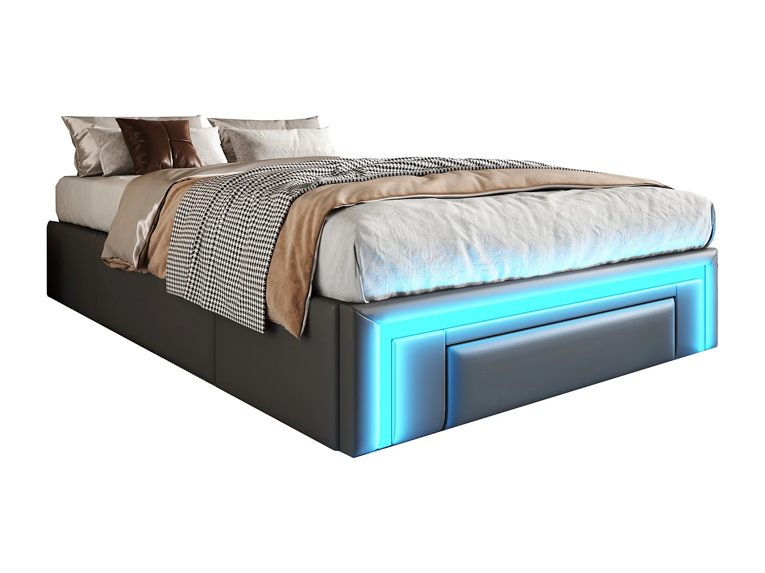 Cama estofada 90x200 cm - com 3 gavetas - em couro PU - sem cabeceira - com luz LED - cinza