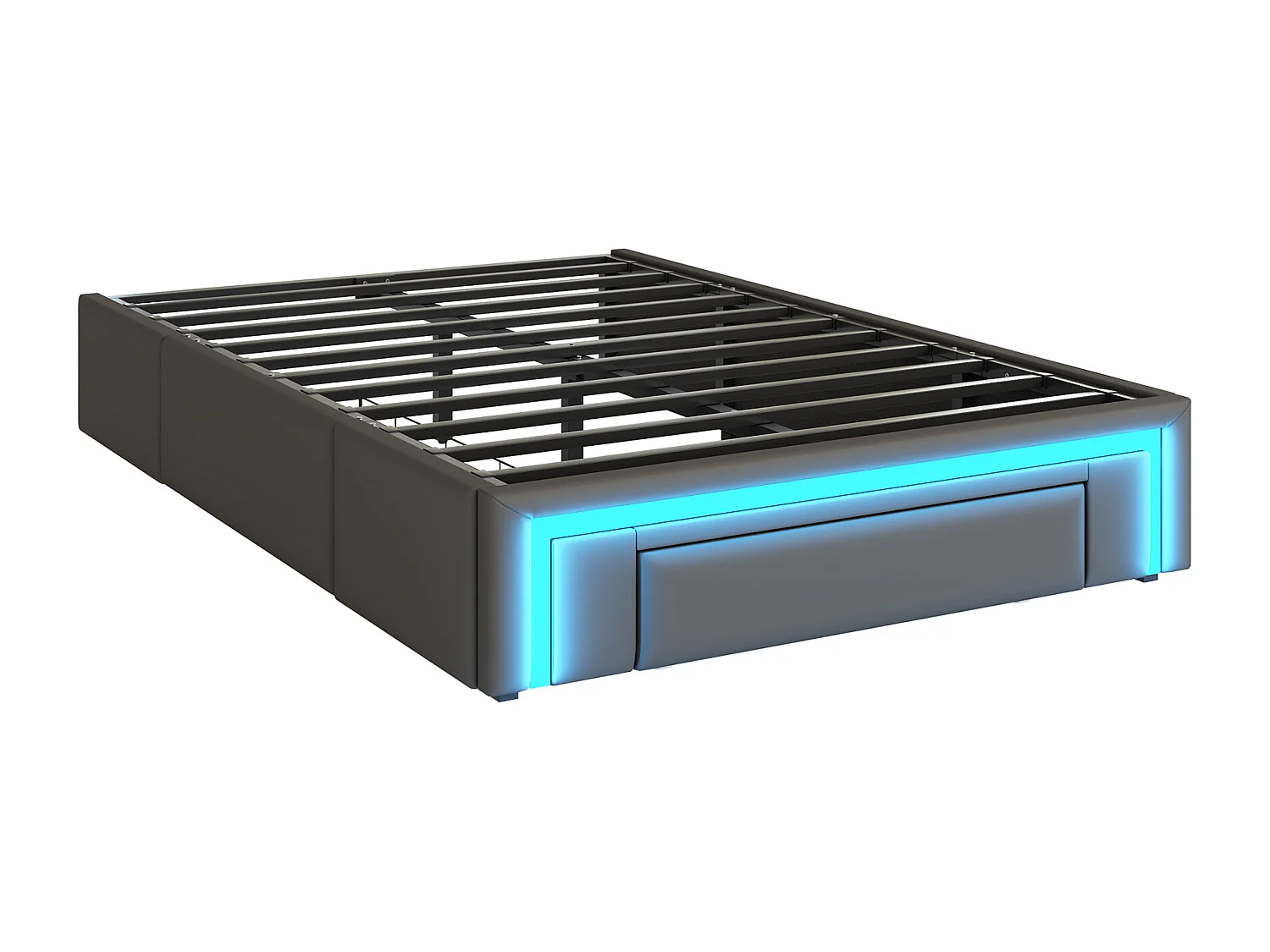 Cama estofada 90x200 cm - com 3 gavetas - em couro PU - sem cabeceira - com luz LED - cinza