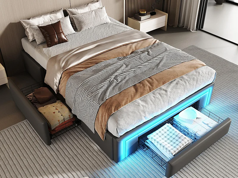 Cama estofada 90x200 cm - com 3 gavetas - em couro PU - sem cabeceira - com luz LED - cinza