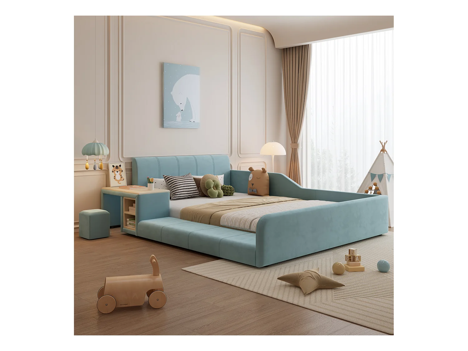 Lit enfant 140x200cm rembourré en velours - avec bureau et tabouret pour enfants - avec étagère de rangement - Bleu (sans matelas)