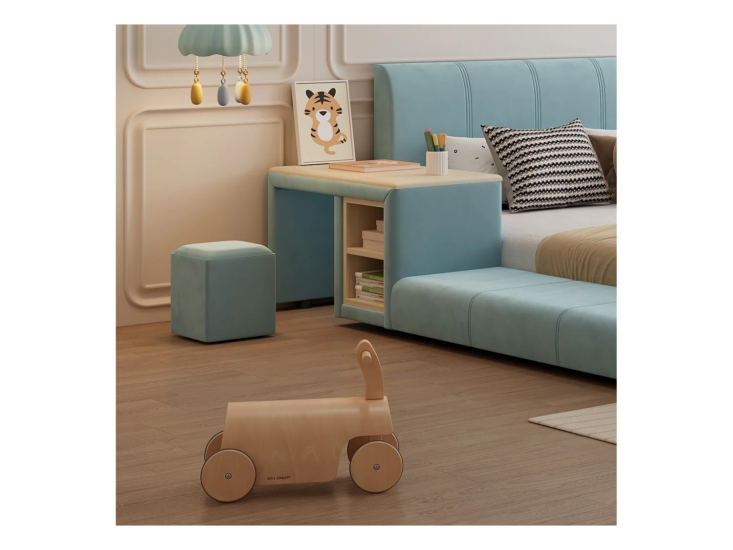 Lit enfant 140x200cm rembourré en velours - avec bureau et tabouret pour enfants - avec étagère de rangement - Bleu (sans matelas)