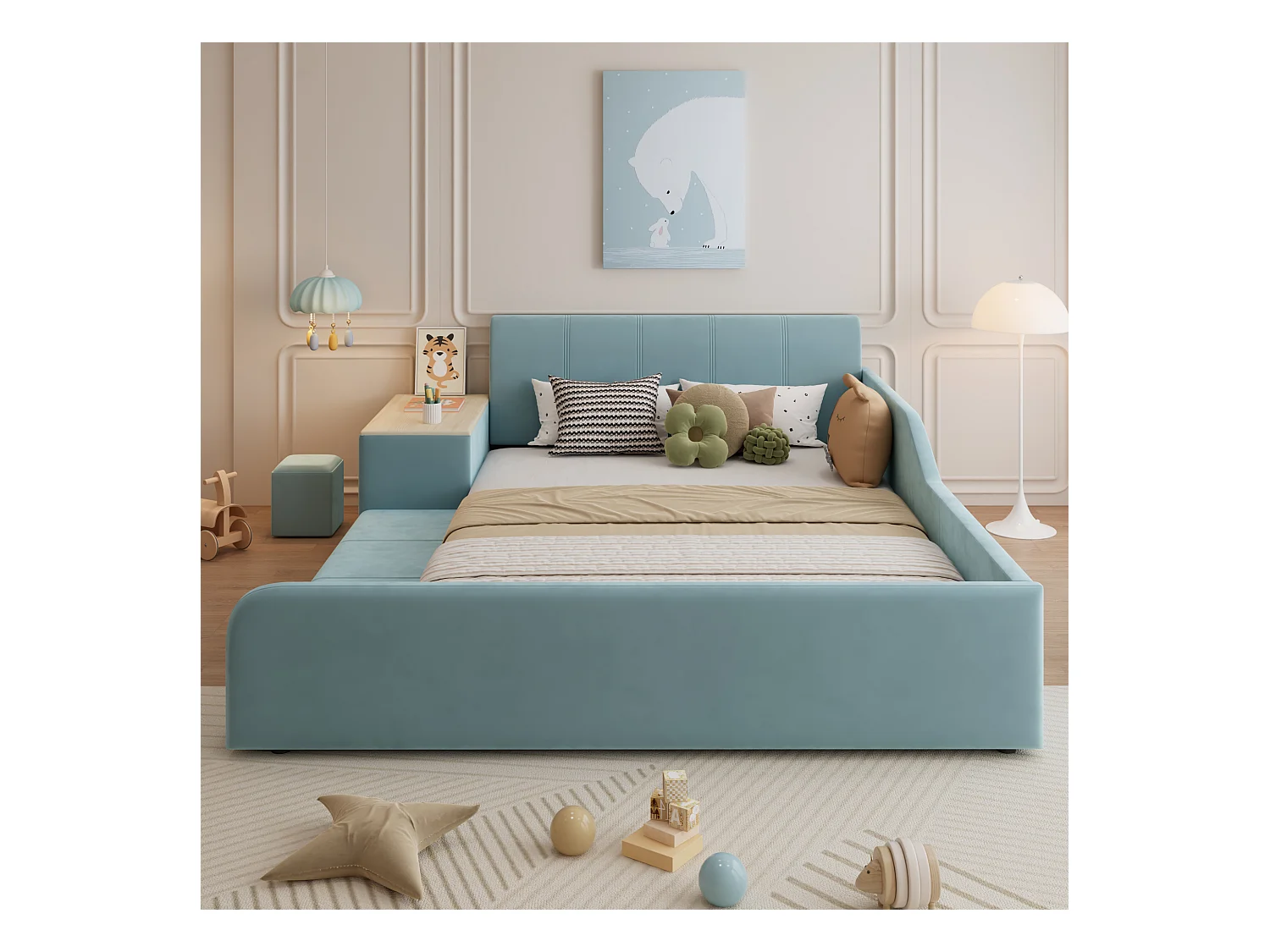 Lit enfant 140x200cm rembourré en velours - avec bureau et tabouret pour enfants - avec étagère de rangement - Bleu (sans matelas)